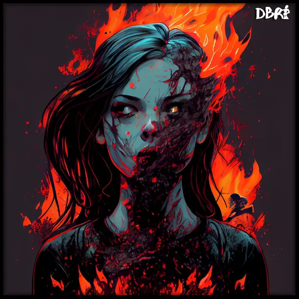 A horror portrait of a girl rotting from within, wreathed in fire