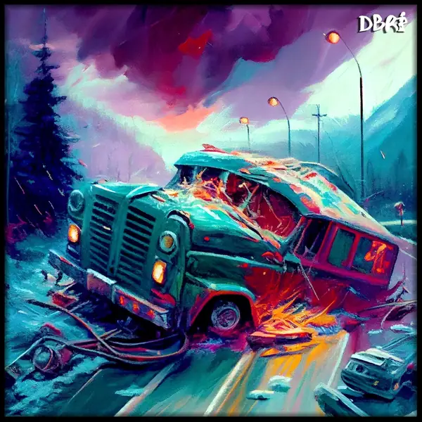 A wrecked car on a purple winter highway