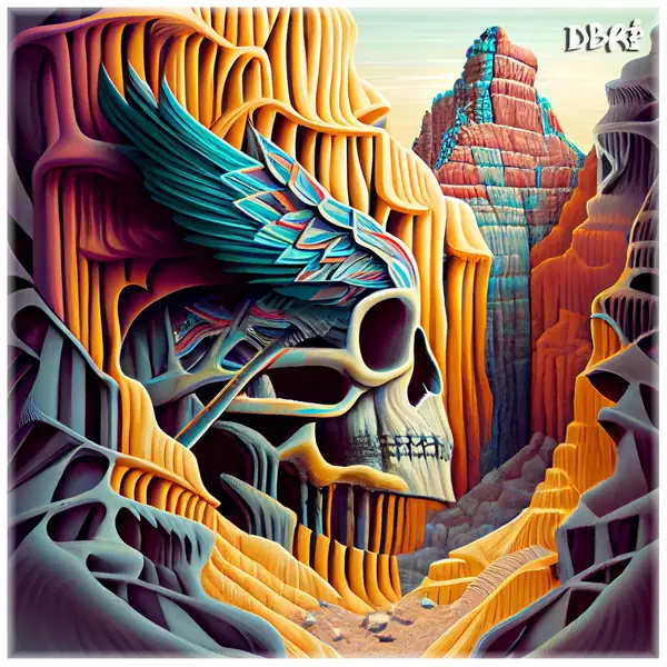 A skull and eagle feathers carved into a canyon
