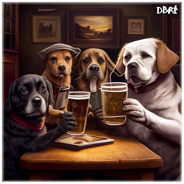 Dogs having pints at the pub for Keith's birthday