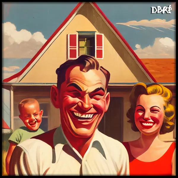 A grinning retro Americana family outside their house