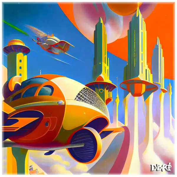 A retro-futurist spaceship over the world of tomorrow