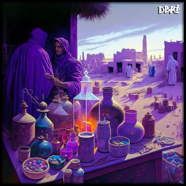 A purple bazaar full of mysterious jars