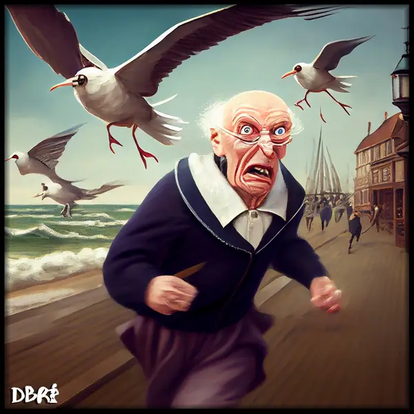 Beware of seagulls: an old man chased along the seafront