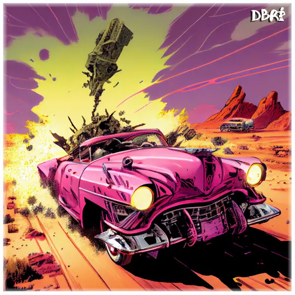 A pink car in Death Valley, comic-book style