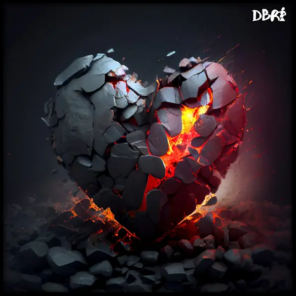 A cracked heart with fire breaking free
