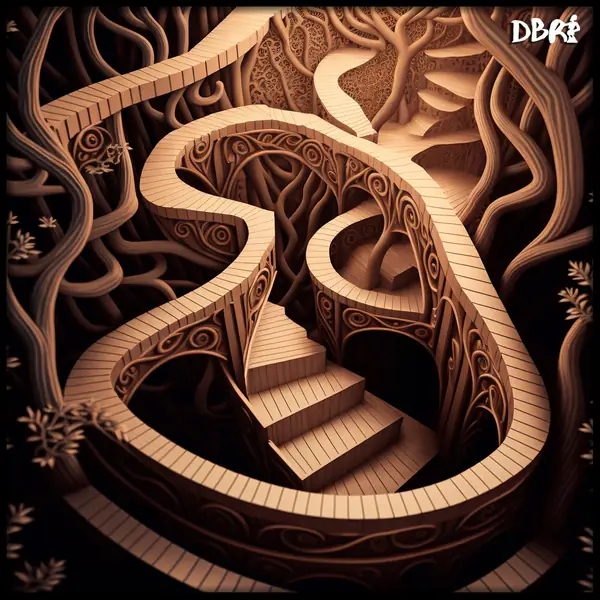 An Escher-like stair labyrinth in wood tones