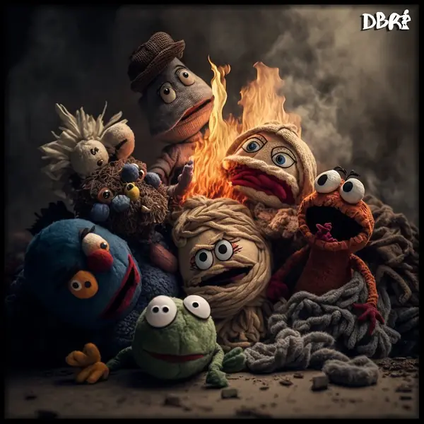 Muppet-style puppets in a fire
