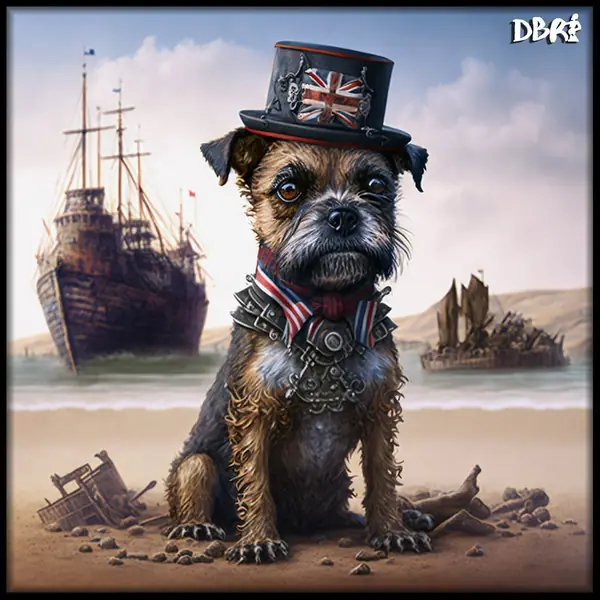 A border terrier in a top hat by a shipwreck