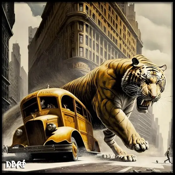 Warning, big cats: a tiger leaping over a 1930s New York taxi