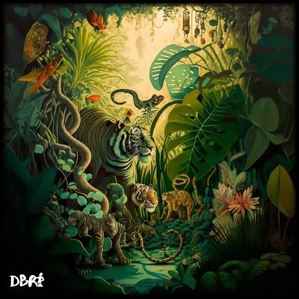 A surreal jungle with a tiger and monkeys