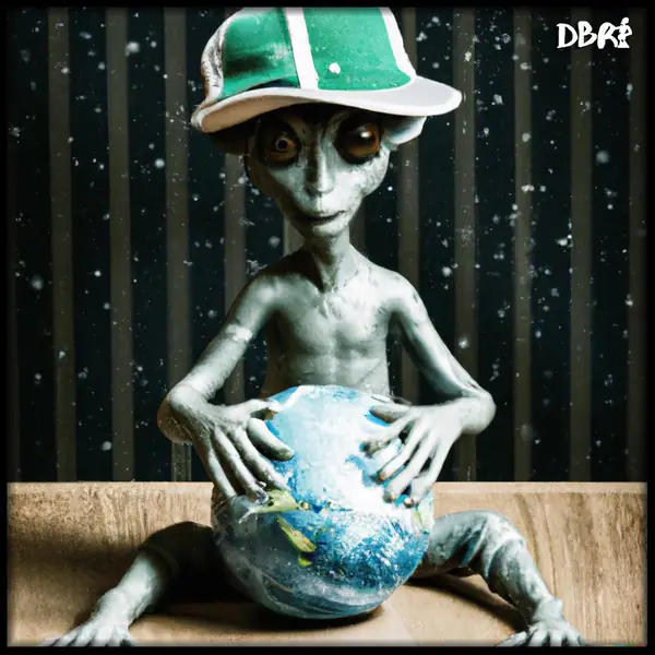 Earthlings: an alien in a bucket hat holding a globe