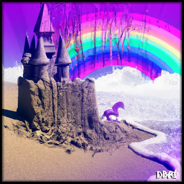 A sandcastle under a rainbow