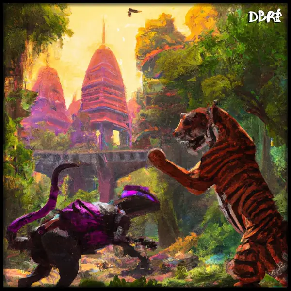 A tiger and a dinosaur at a jungle temple