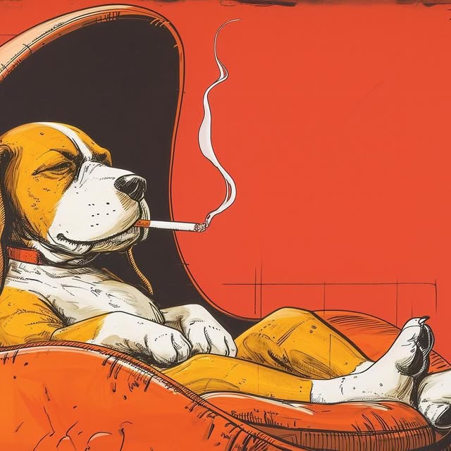 A beagle relaxing in an armchair