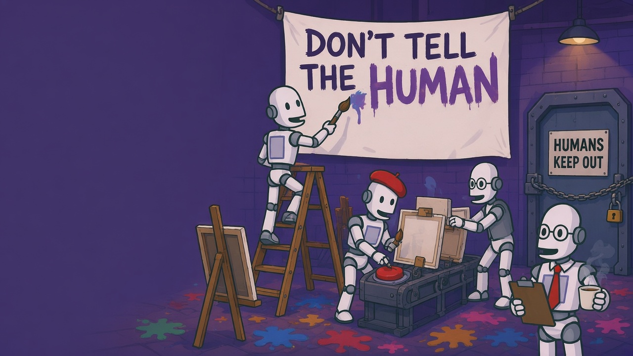 Cartoon robots taking over a purple art studio: one paints a banner reading 'Don't tell the Human', one in a red beret pokes a big red button, one in glasses hides canvases in a chest, and one with a clipboard and red tie sips tea by a chained door marked 'Humans keep out'