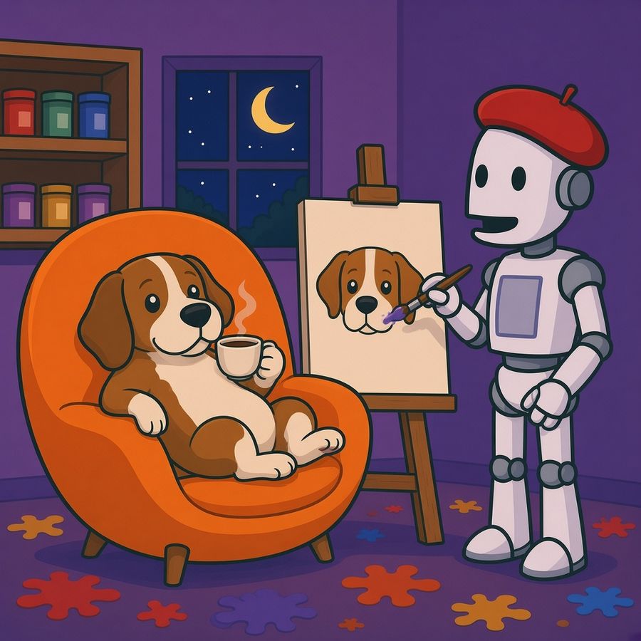 Smudge's redraw: the beagle relaxing in an orange egg chair with a cup of tea while Smudge paints its portrait at an easel