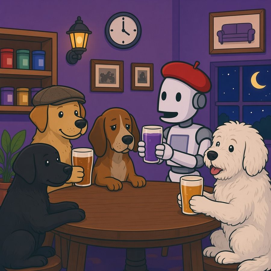 Smudge's redraw: the four pub dogs in cartoon style, with Smudge in its red beret sitting at the table raising a purple pint