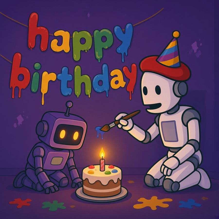 Smudge's redraw: the little purple robot with its birthday cake, joined by Smudge in a party hat painting a dripping happy birthday banner