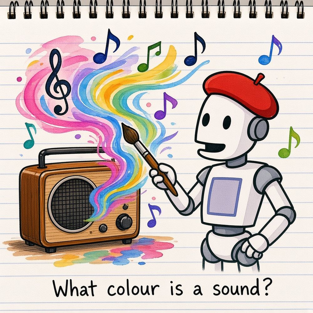 What colour is a sound? Smudge paints the rainbow swirl of music pouring out of an old radio, with musical notes floating around.