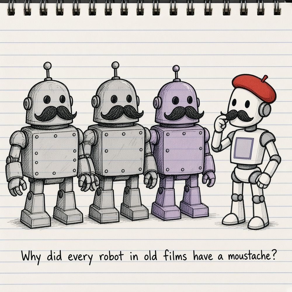 Why did every robot in old films have a moustache? A row of old-film robots with moustache-shaped grilles, and Smudge in its beret holding a fake moustache up to its own face.