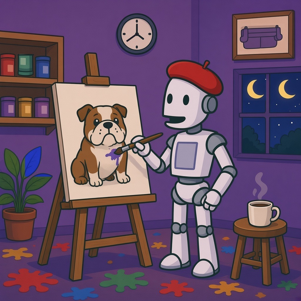 Smudge's painting: a robot in a red beret paints a bulldog in a purple studio at night, with paint pots on a shelf, a wall clock, a framed picture, a window, a plant and a cup of tea. Five things in it are wrong.